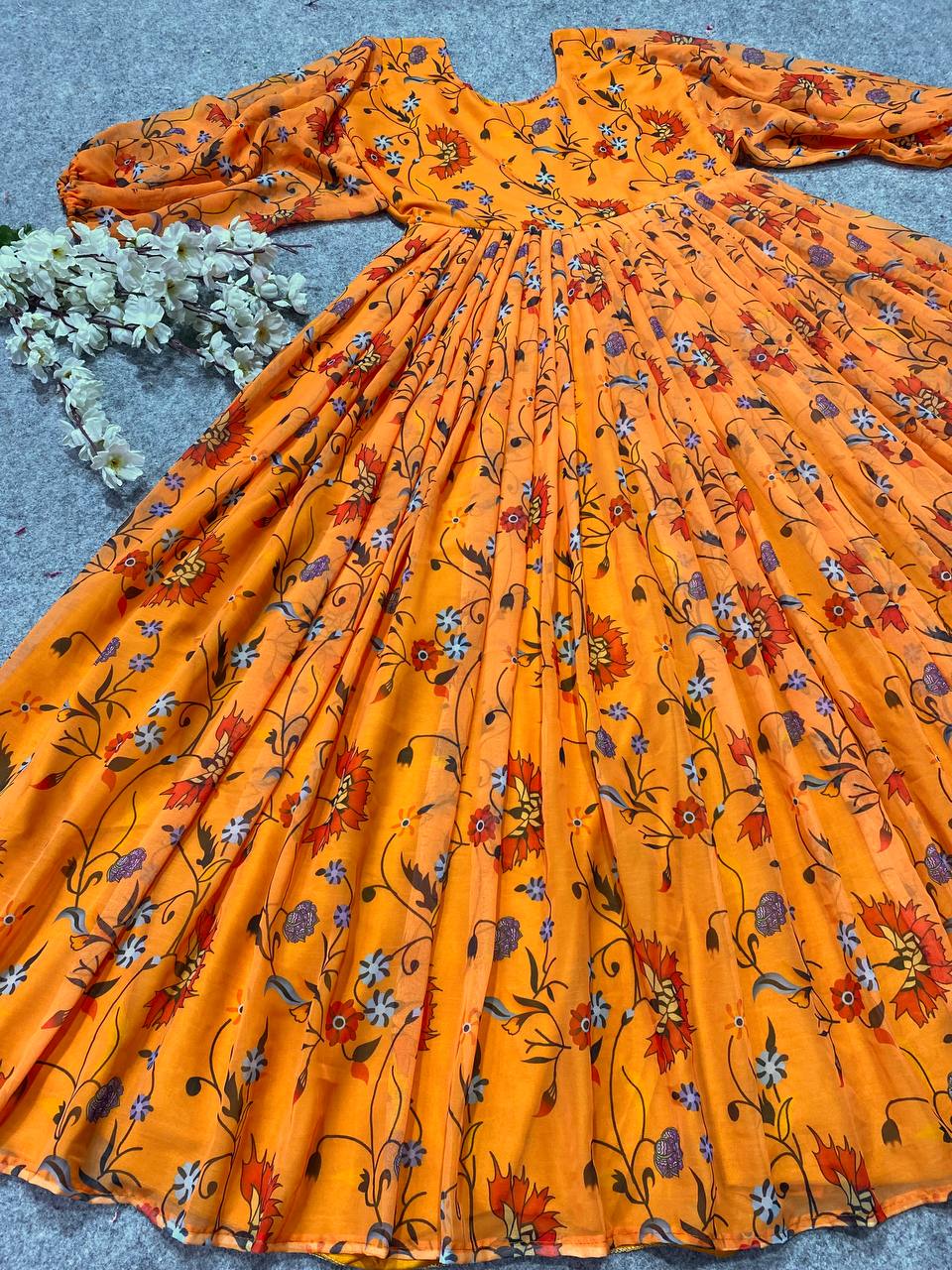 Orange Anarkali Suit In Fox Georgette With Digital Print