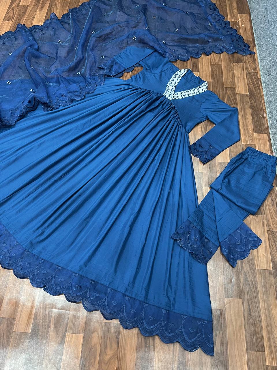 Blue Anarkali Suit In Maska Cotton Silk With Embroidery Work