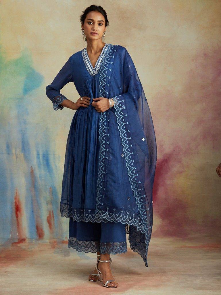 Blue Anarkali Suit In Maska Cotton Silk With Embroidery Work