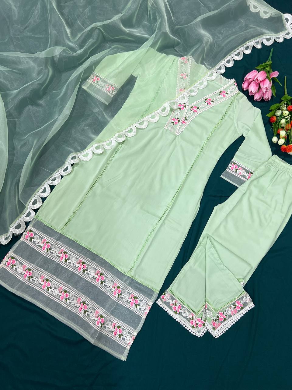 Pista Green Salwar Suit In Maska Cotton Silk With Embroidery Work