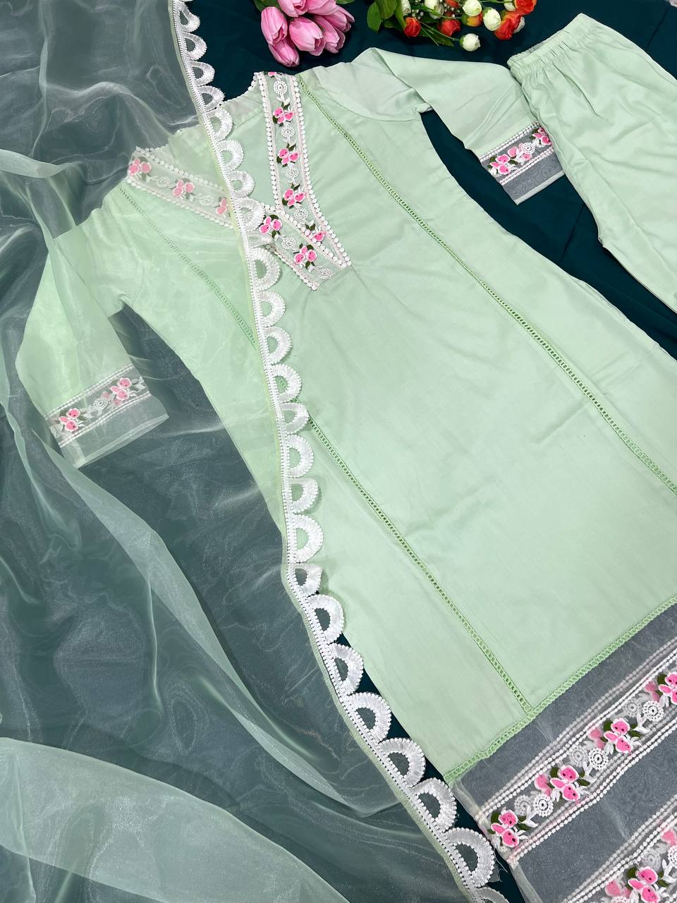 Pista Green Salwar Suit In Maska Cotton Silk With Embroidery Work