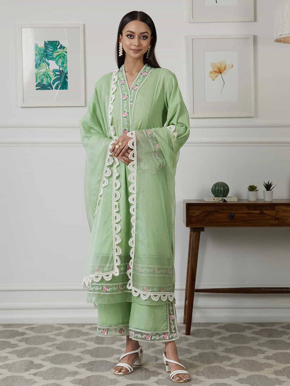 Pista Green Salwar Suit In Maska Cotton Silk With Embroidery Work