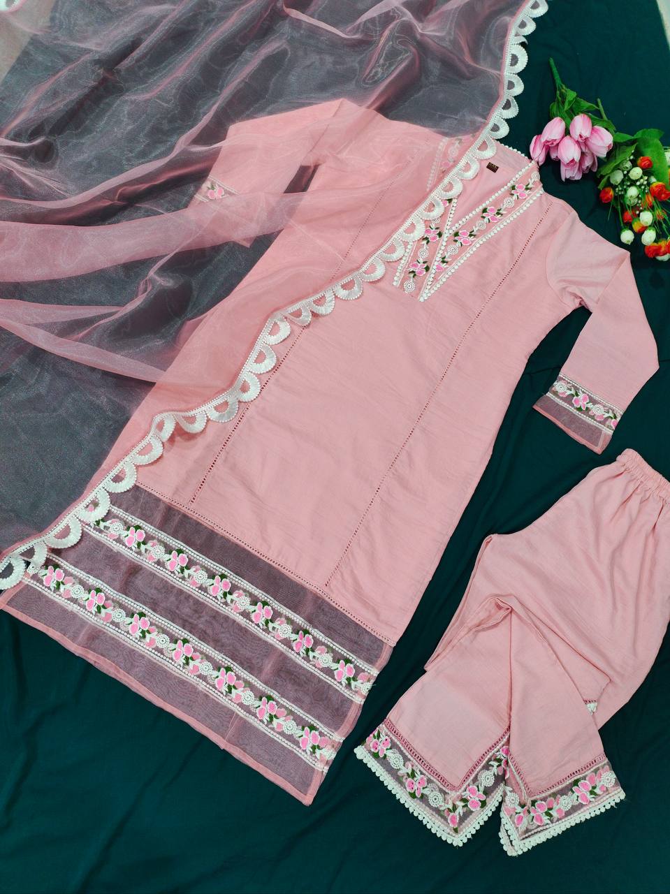 Pink Salwar Suit In Maska Cotton Silk With Embroidery Work