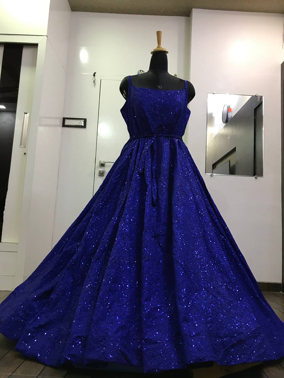 Royal Blue Gown In Taffeta Silk With Sequence Work