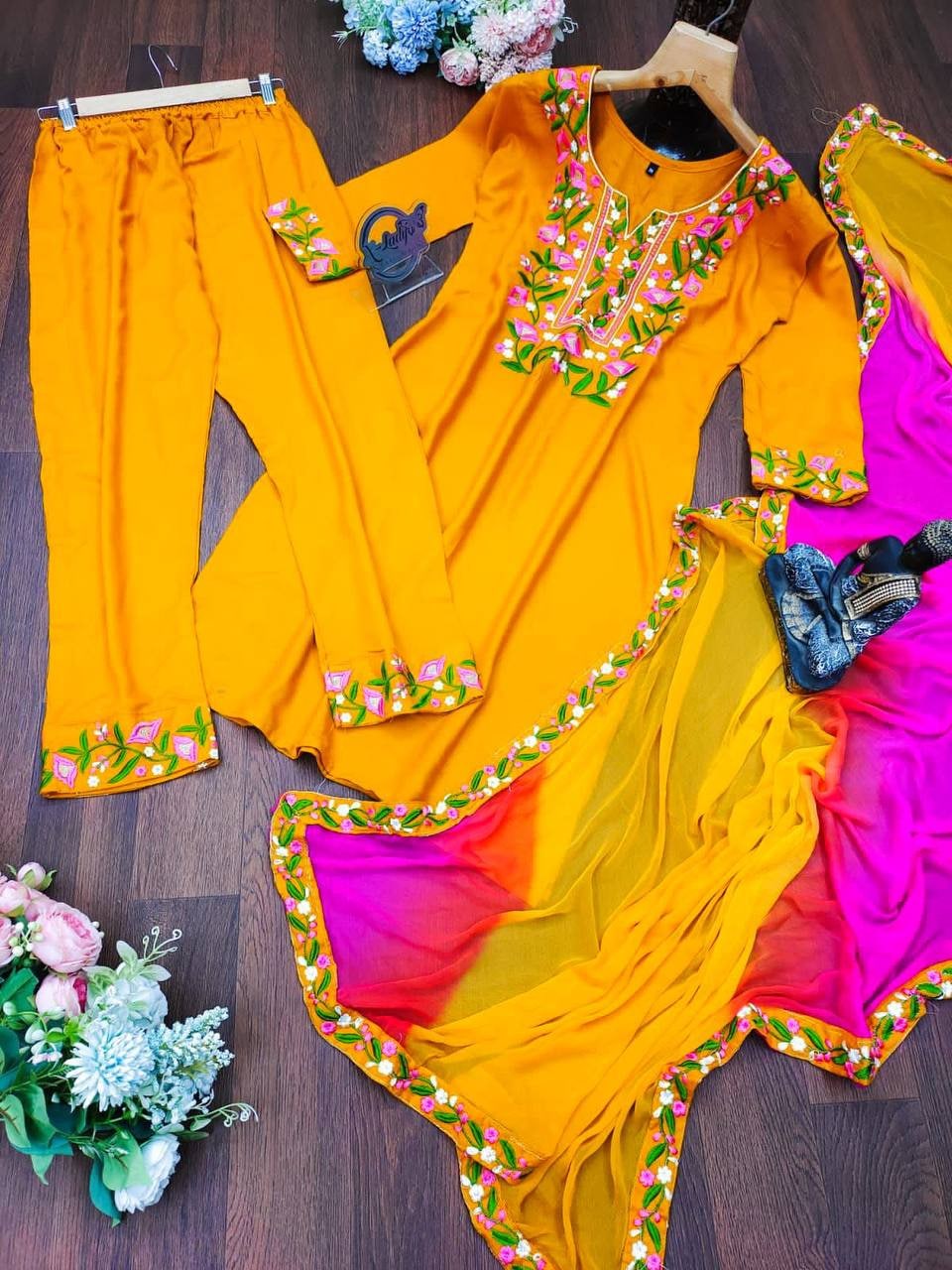 Yellow Palazzo Suit In Ryon Cotton With Embroidery Work