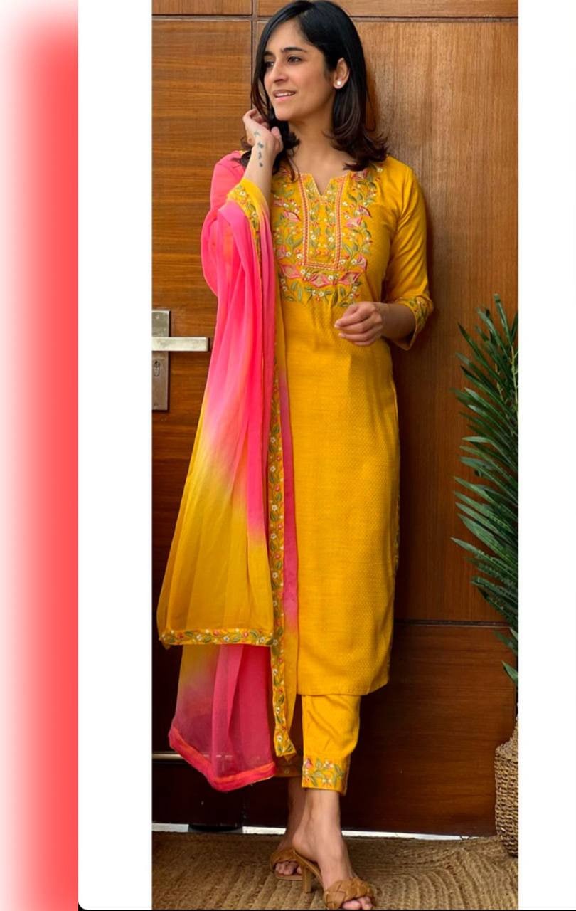 Yellow Palazzo Suit In Ryon Cotton With Embroidery Work