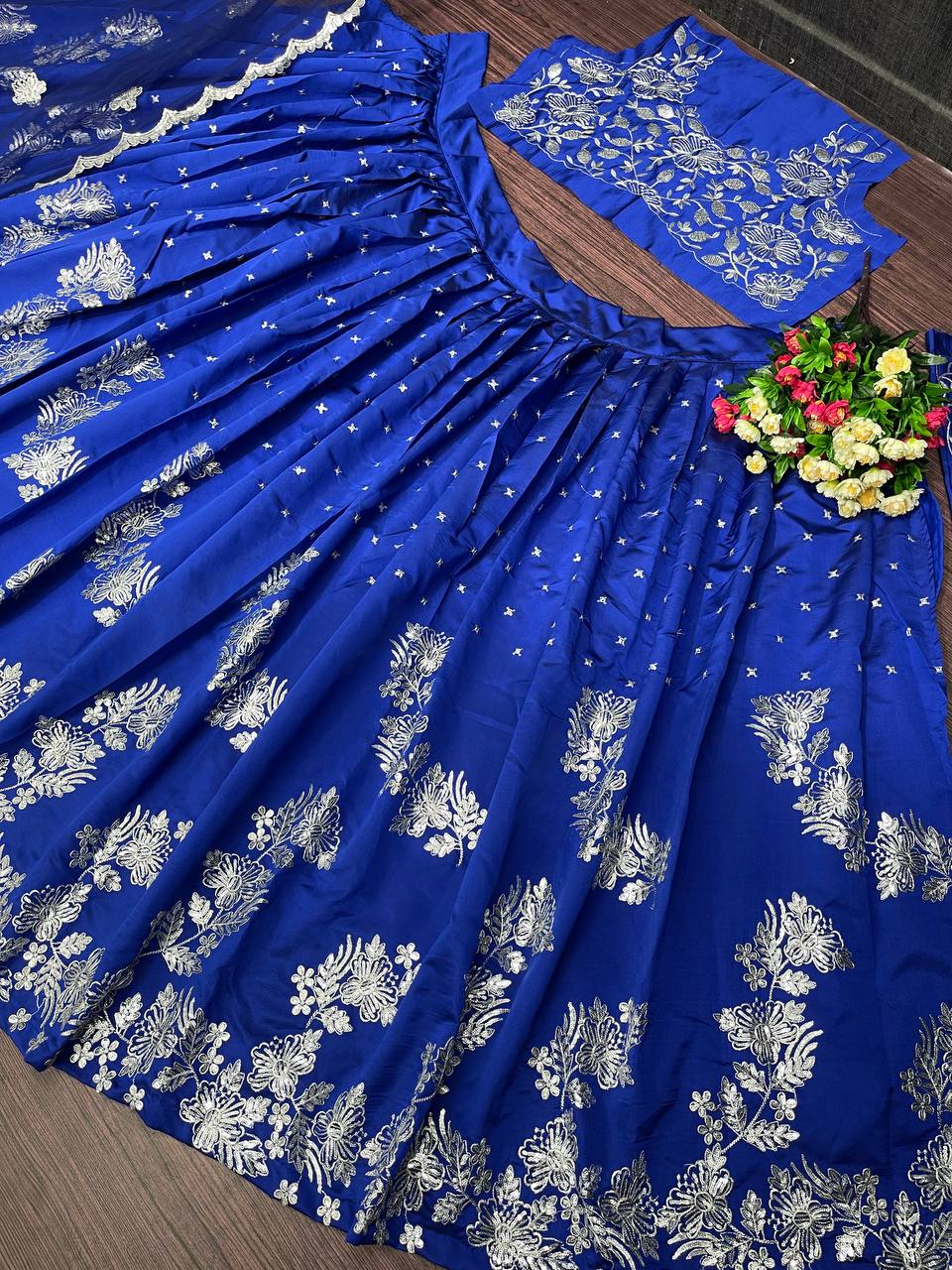 Blue Lehenga Choli In Satin With Embroidery Work
