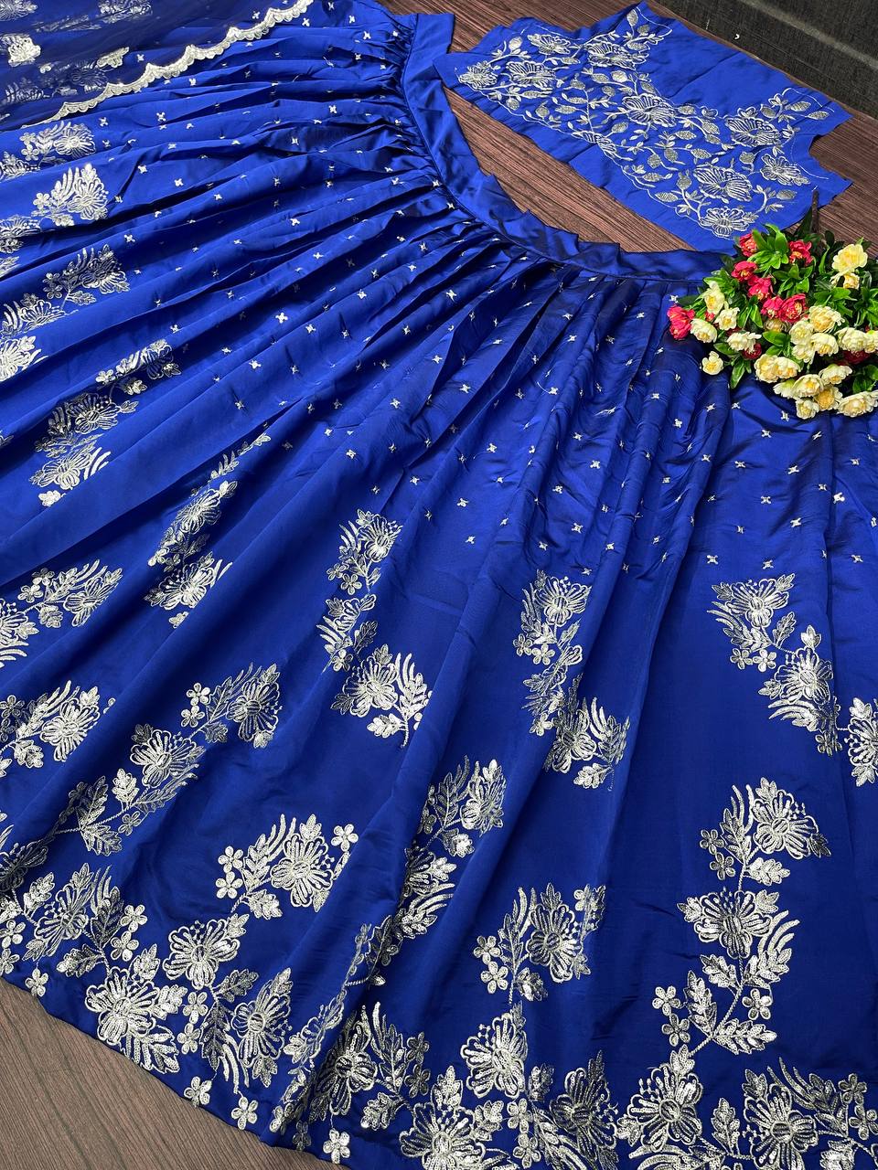 Blue Lehenga Choli In Satin With Embroidery Work