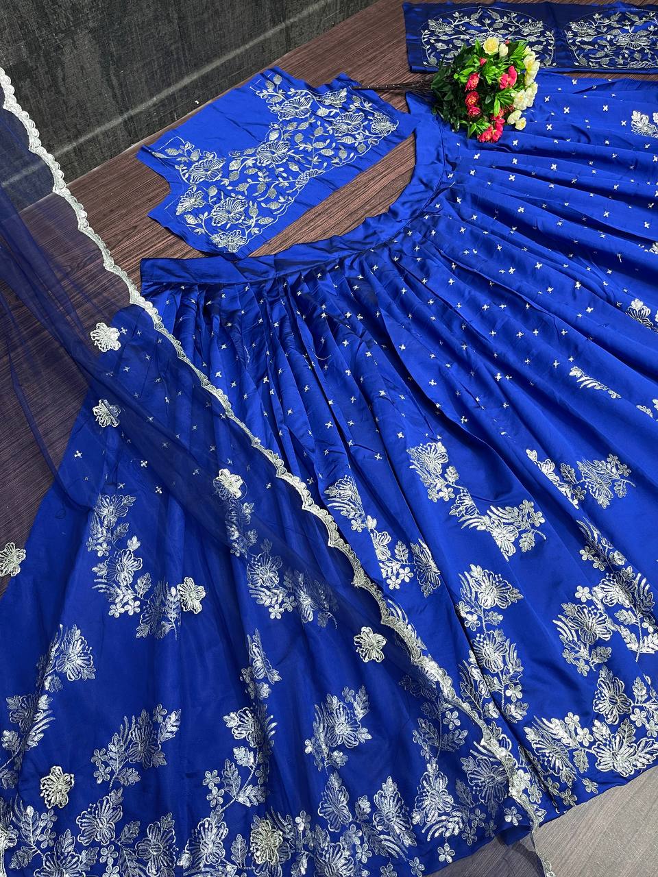 Blue Lehenga Choli In Satin With Embroidery Work