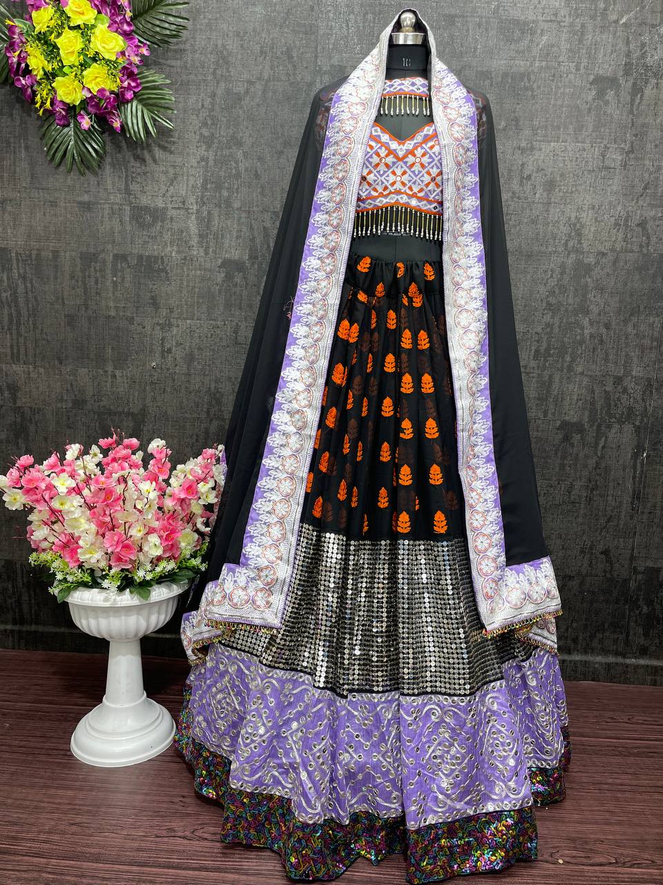 Black Lehenga Choli In Georgette Silk With 9 MM Sequence Work