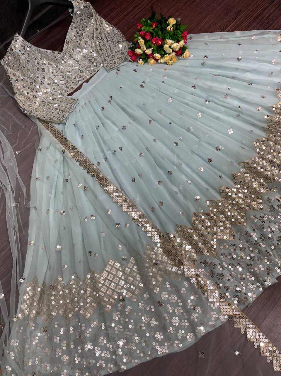 Sky Blue Lehenga Choli In Georgette Silk With 9 MM Sequence Work