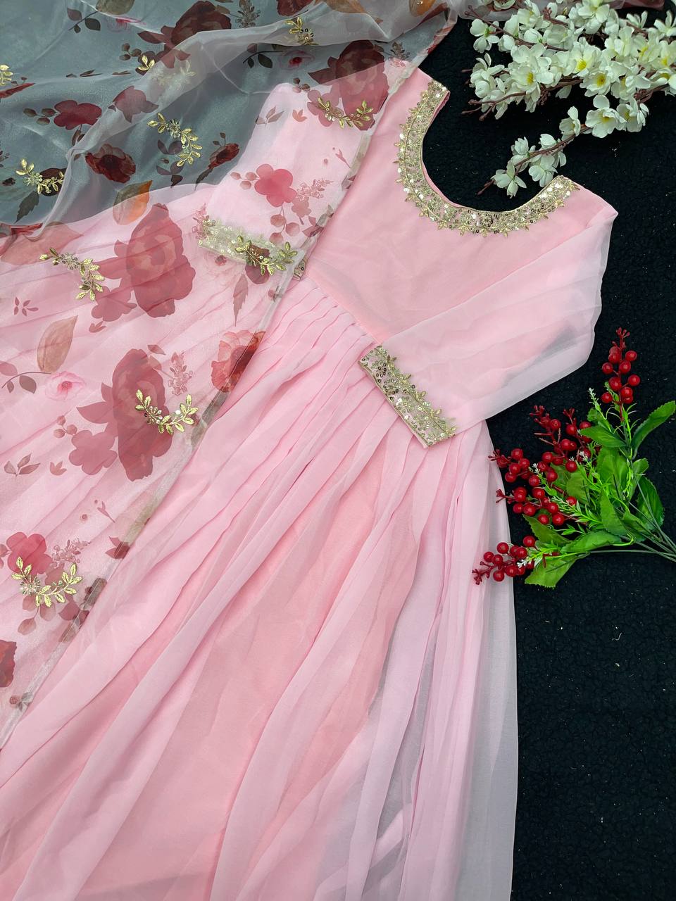 Pink Anarkali Suit In Georgette Silk With Embroidery Work