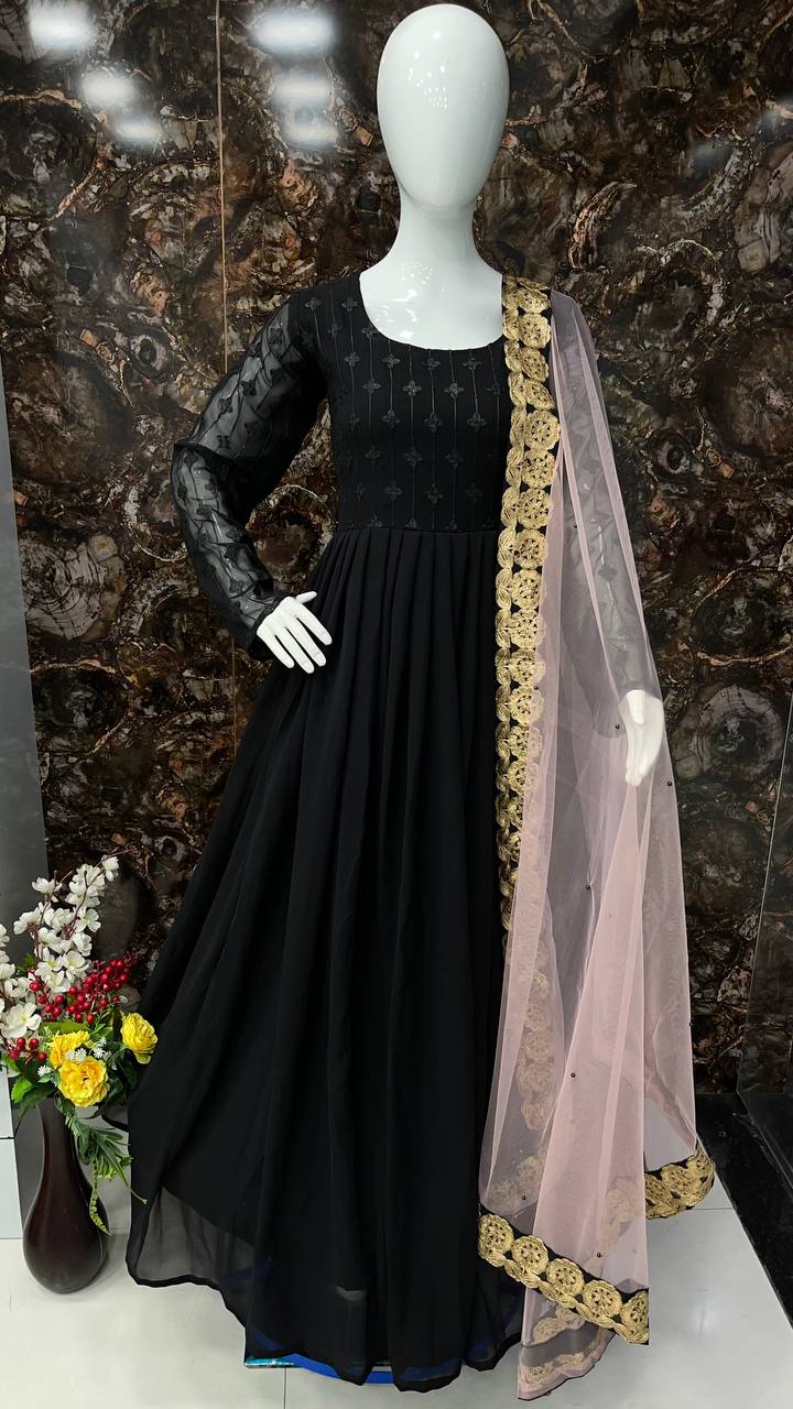 Black Color Georgette Festive Wear Plain Anarkali Gown, Georgette Long Frock,  Georgette Gown Party Wear, Pure Georgette Gown, Heavy Georgette Gown,  जोर्जेट गाउन - Prathmesh Enterprises, Mumbai | ID: 26137002373