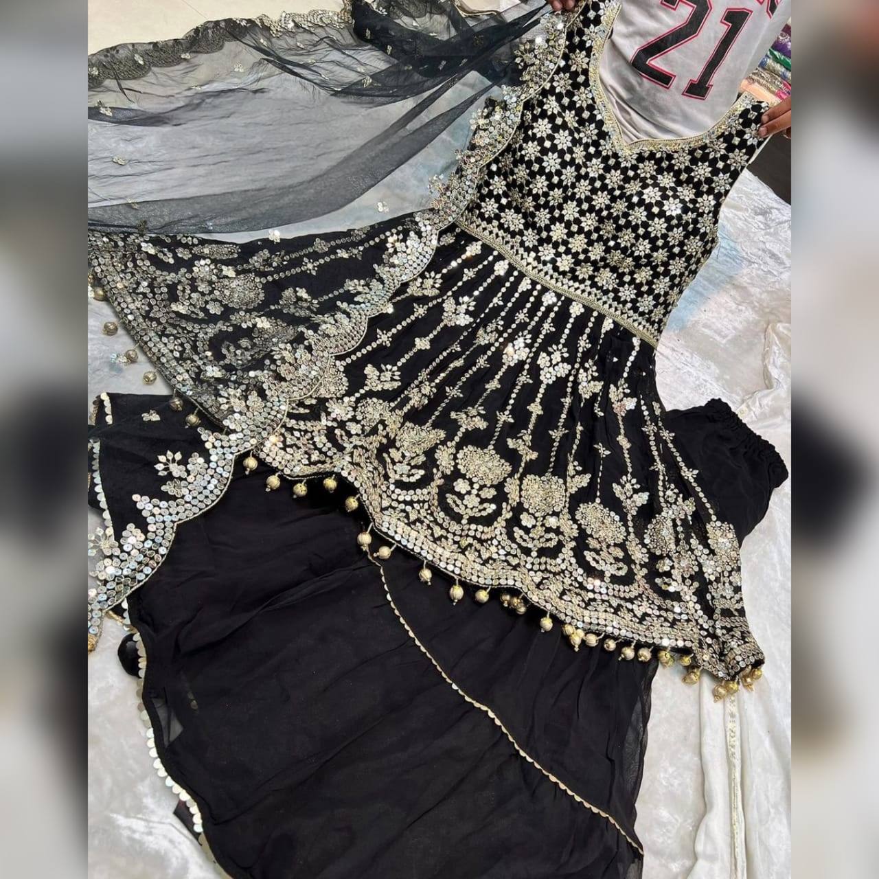 Black Sharara Suit In Fox Georgette With 9 MM Sequence Work