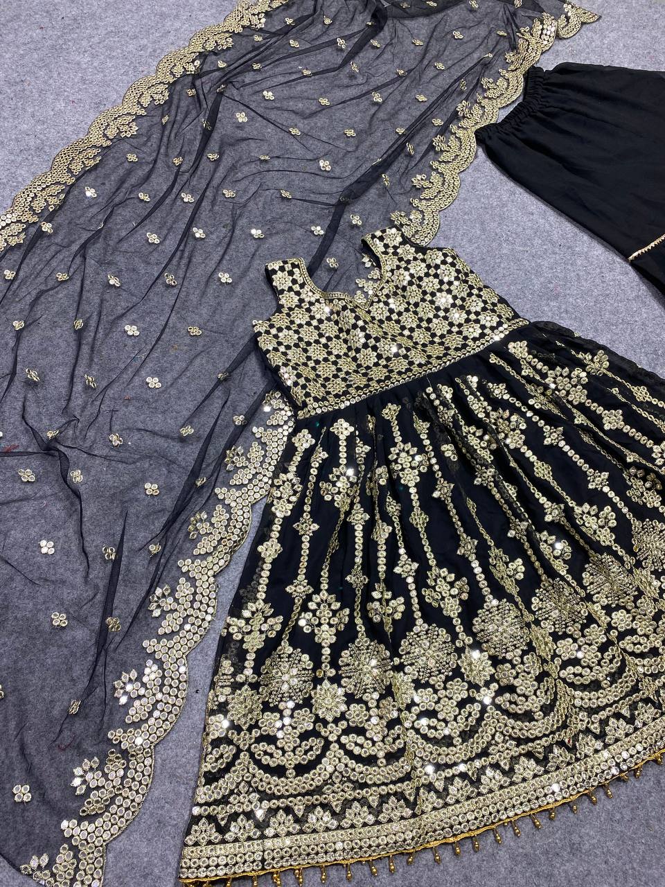 Black Sharara Suit In Fox Georgette With 9 MM Sequence Work