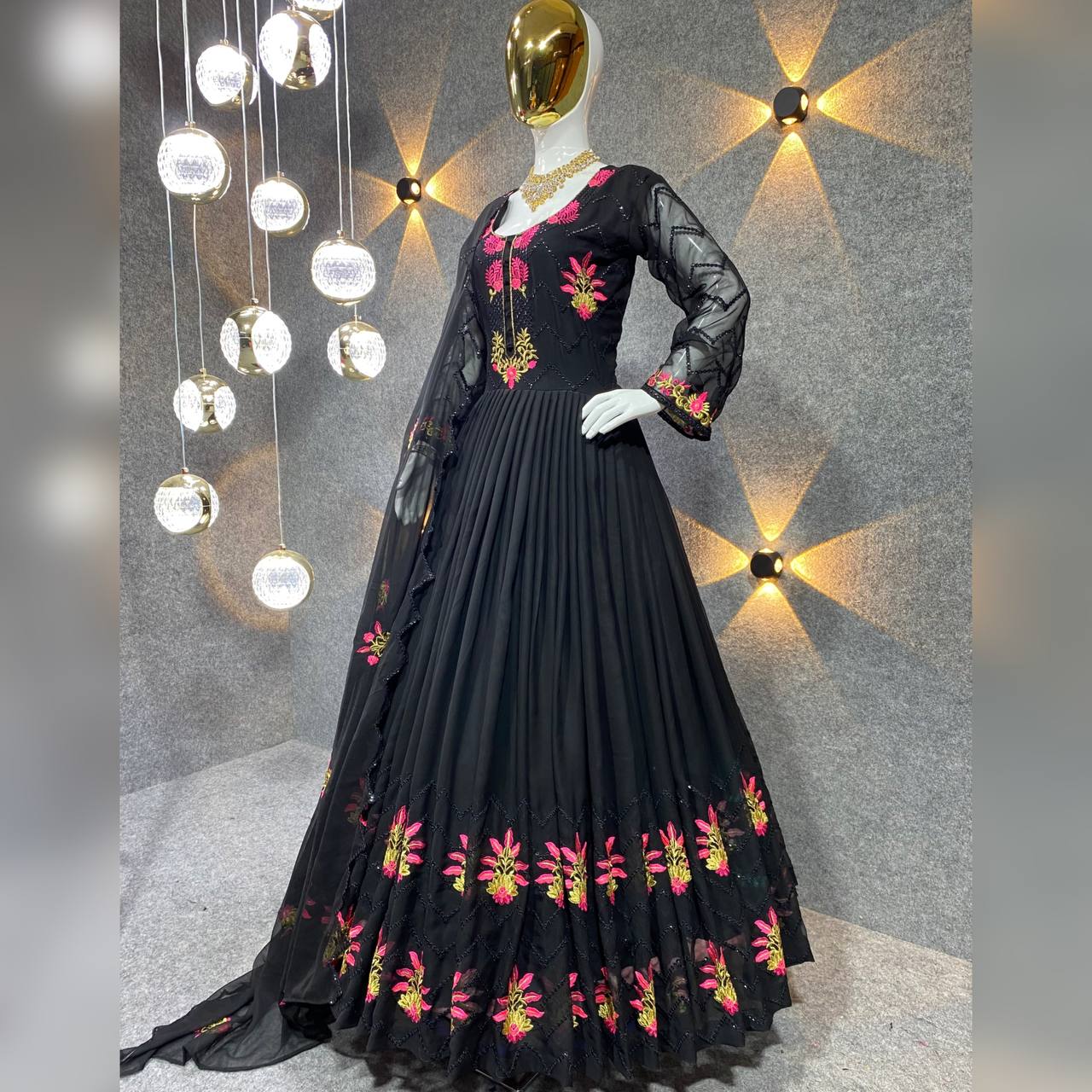 Black Anarkali Suit In Fox Georgette With 5 MM Sequence Work