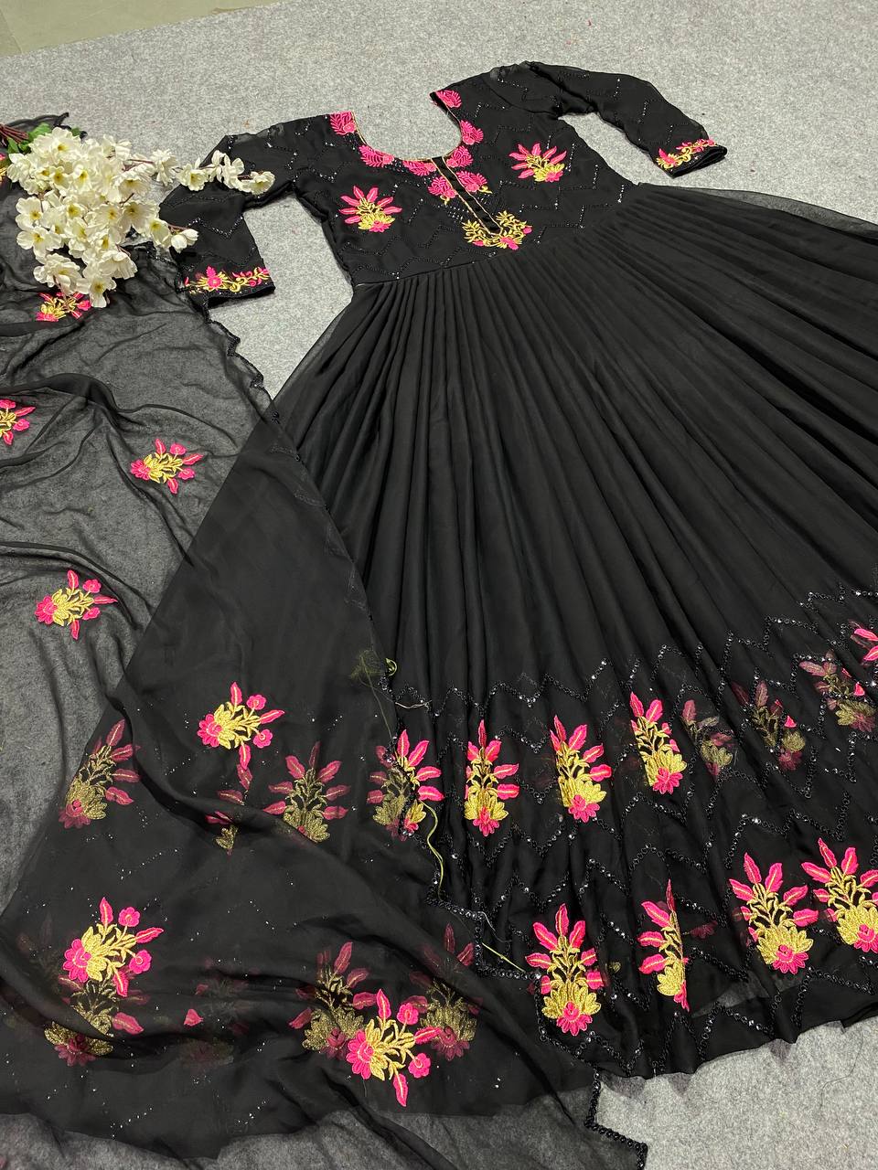 Black Anarkali Suit In Fox Georgette With 5 MM Sequence Work