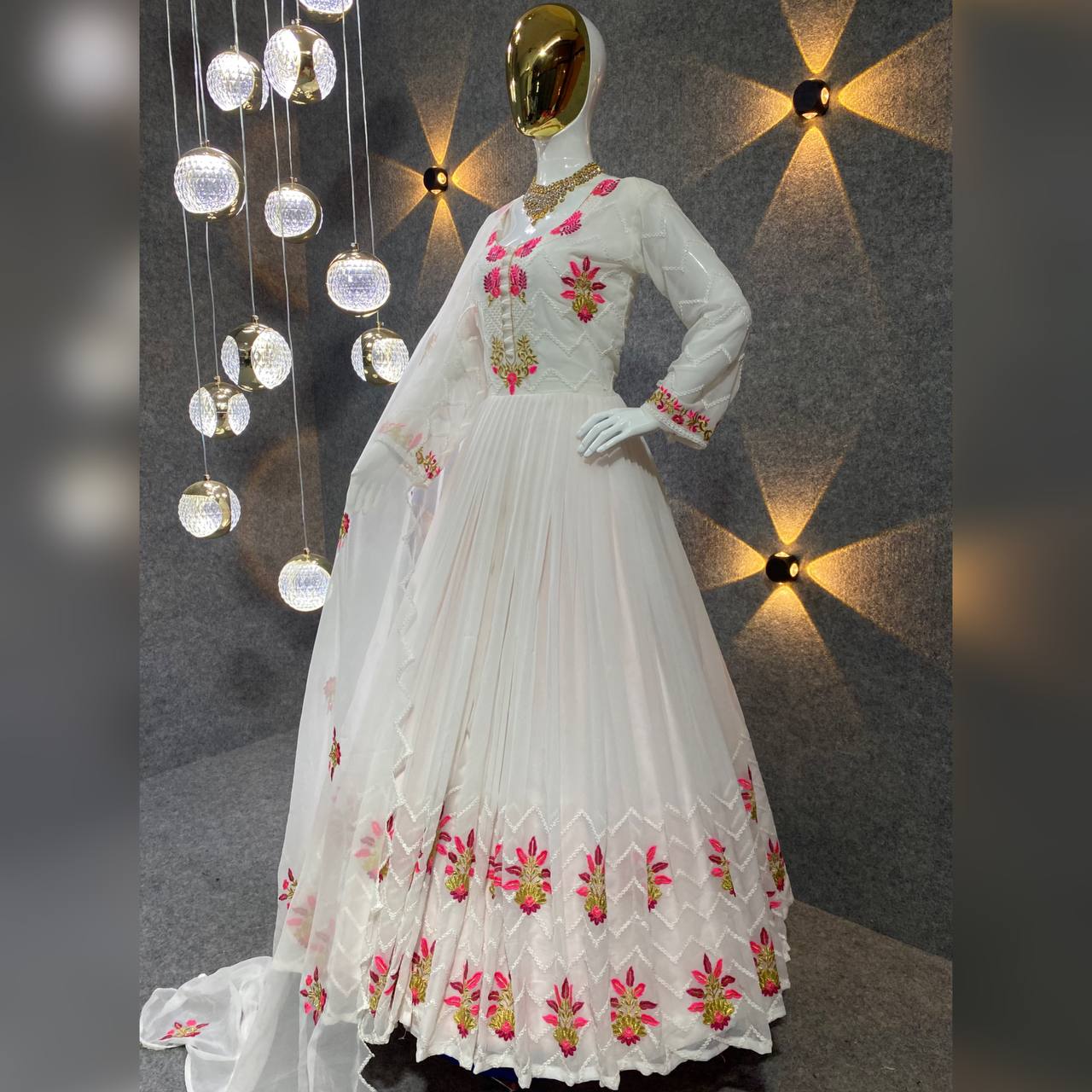 White Anarkali Suit In Fox Georgette With 5 MM Sequence Work