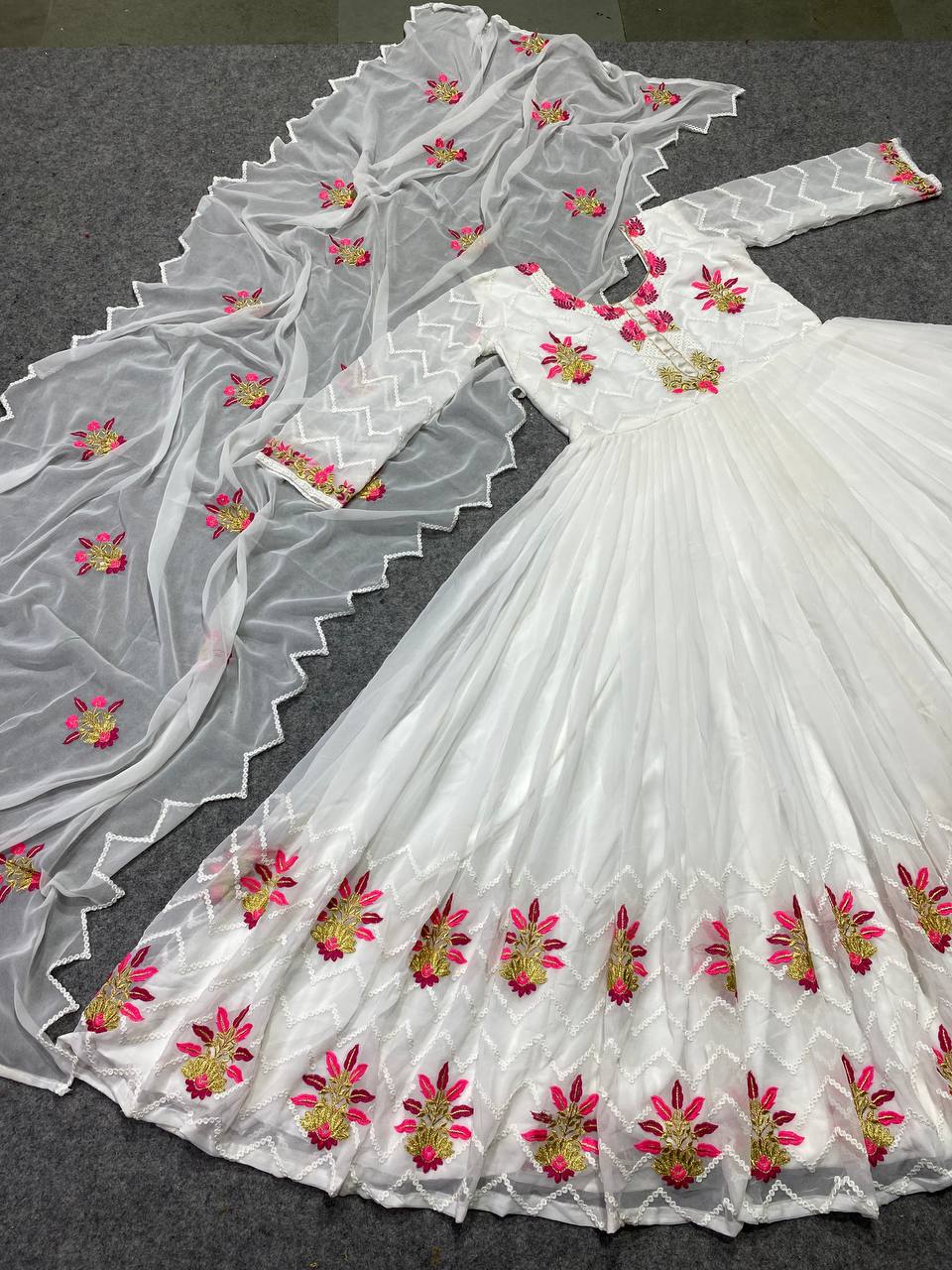 White Anarkali Suit In Fox Georgette With 5 MM Sequence Work