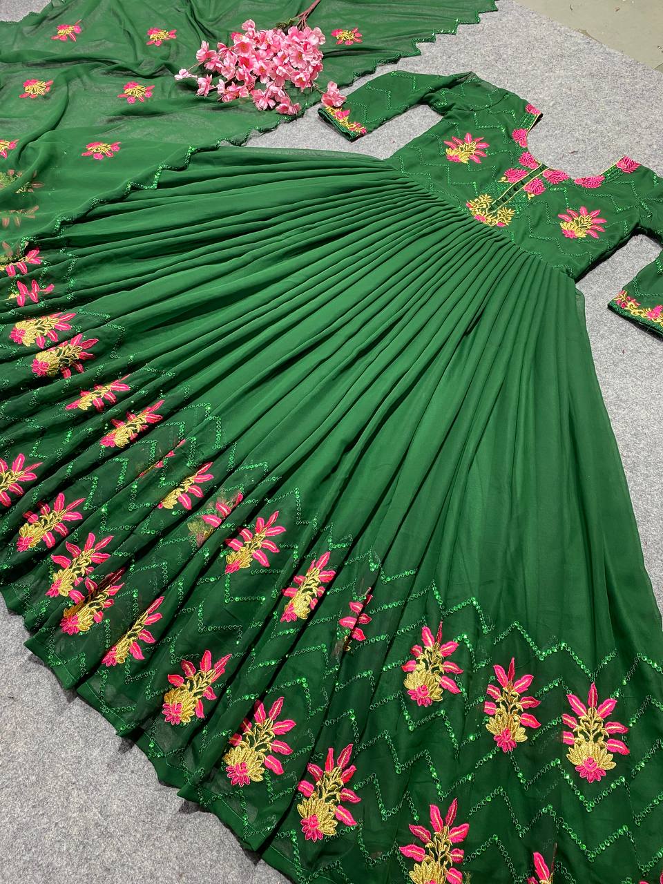 Green Anarkali Suit In Fox Georgette With 5 MM Sequence Work