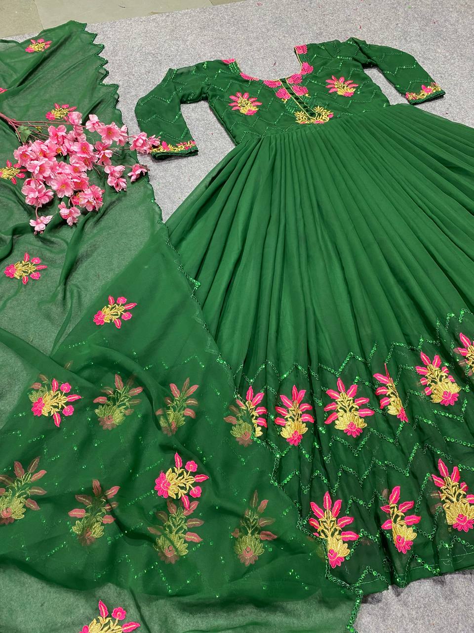 Green Anarkali Suit In Fox Georgette With 5 MM Sequence Work