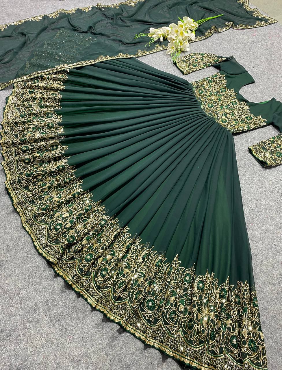 Bottle Green Anarkali Suit In Fox Georgette With 3 MM Sequence Work