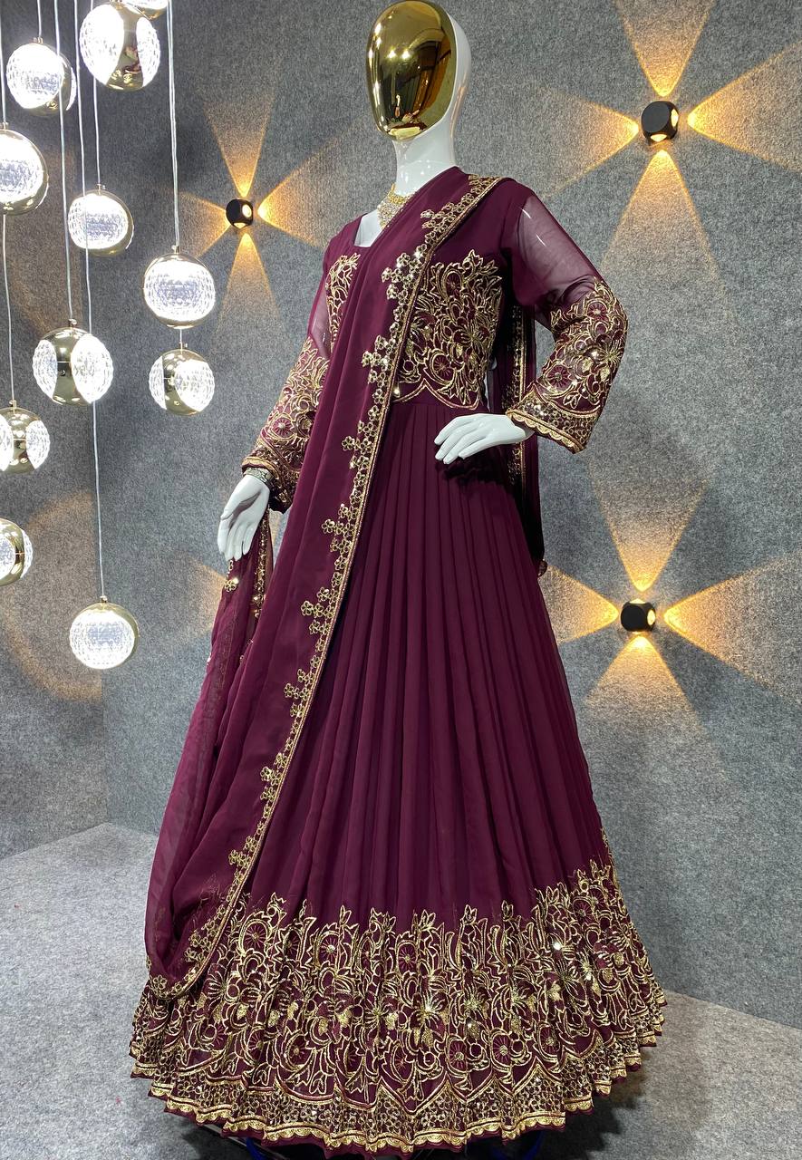 Wine Anarkali Suit In Fox Georgette With 3 MM Sequence Work