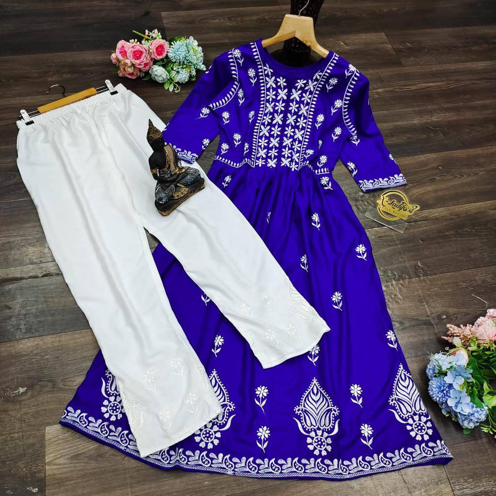 Blue Anarkali Suit In Ryon Cotton With Embroidery Work