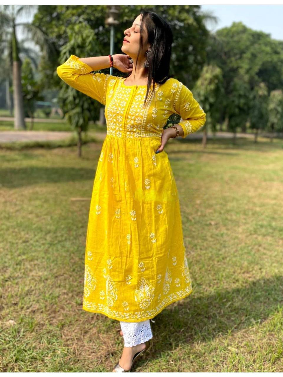 Yellow Anarkali Suit In Ryon Cotton With Embroidery Work