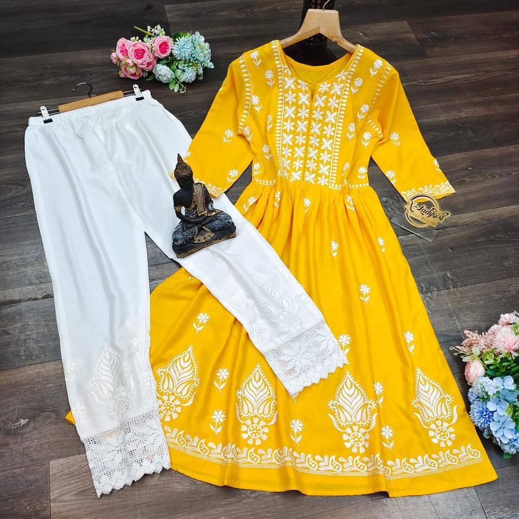 Yellow Anarkali Suit In Ryon Cotton With Embroidery Work