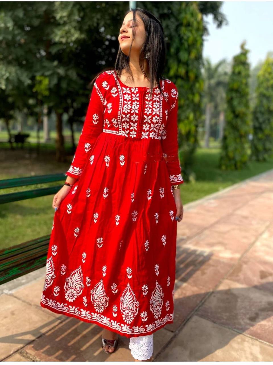 Red Anarkali Suit In Ryon Cotton With Embroidery Work