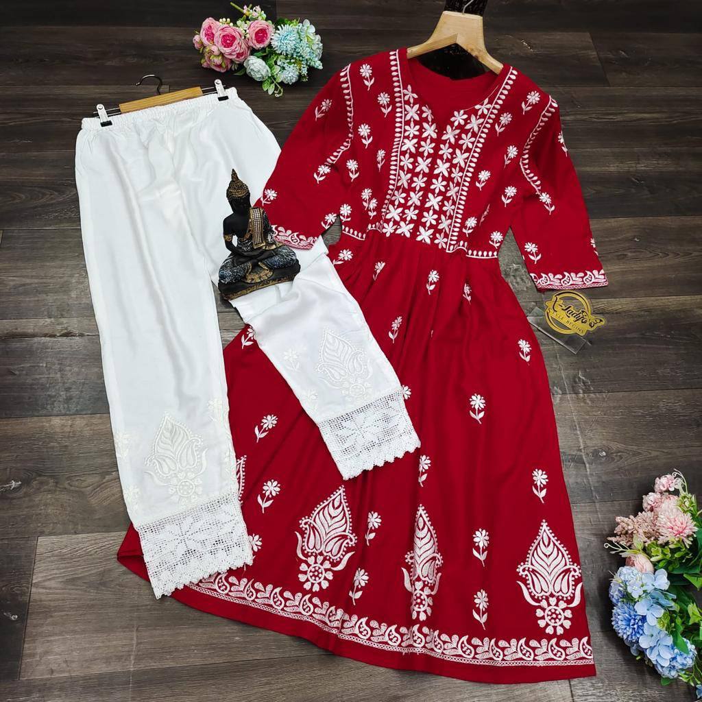 Red Anarkali Suit In Ryon Cotton With Embroidery Work