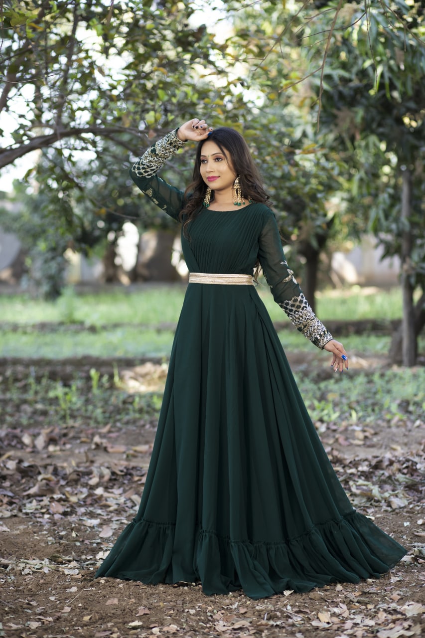 Sangeet Wear Embroidered Dark Green Color Long Length Anarkali Dress In  Georgette Fabric