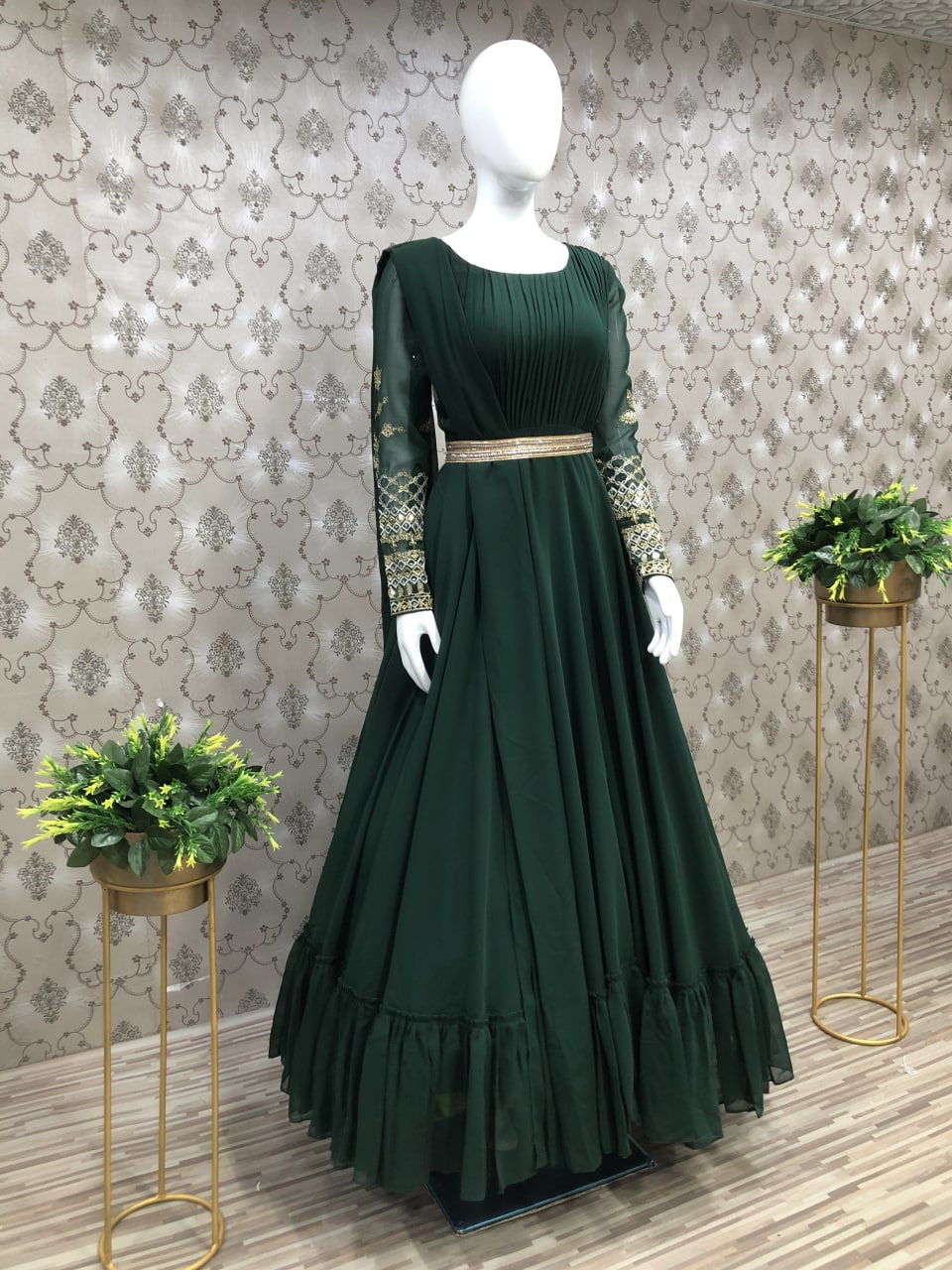 Georgette Embroidered 143370--Party Wear Bottle Green Color Sequence  embroidery work Gown at Rs 2499/piece in Surat