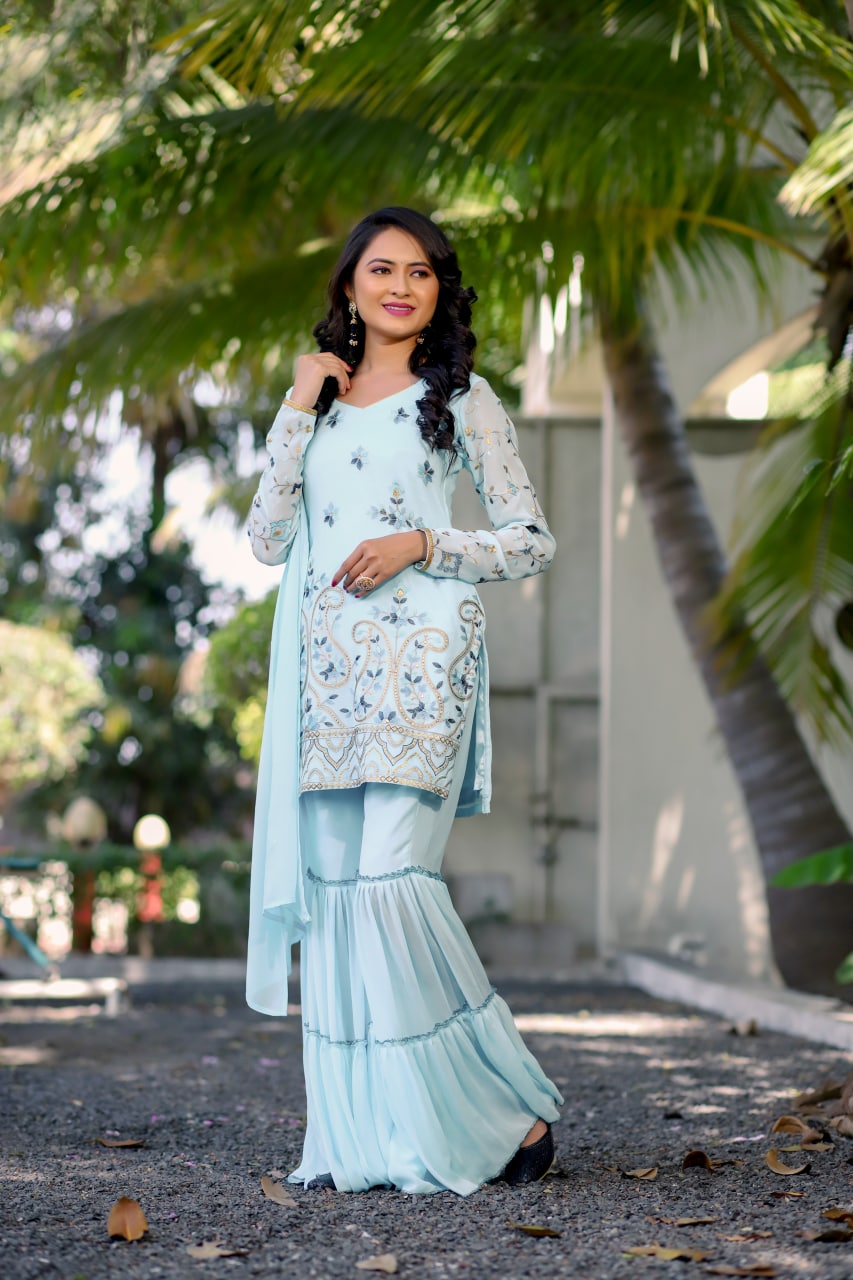 Sky Blue Sharara Suit Georgette Silk Embroidery Work