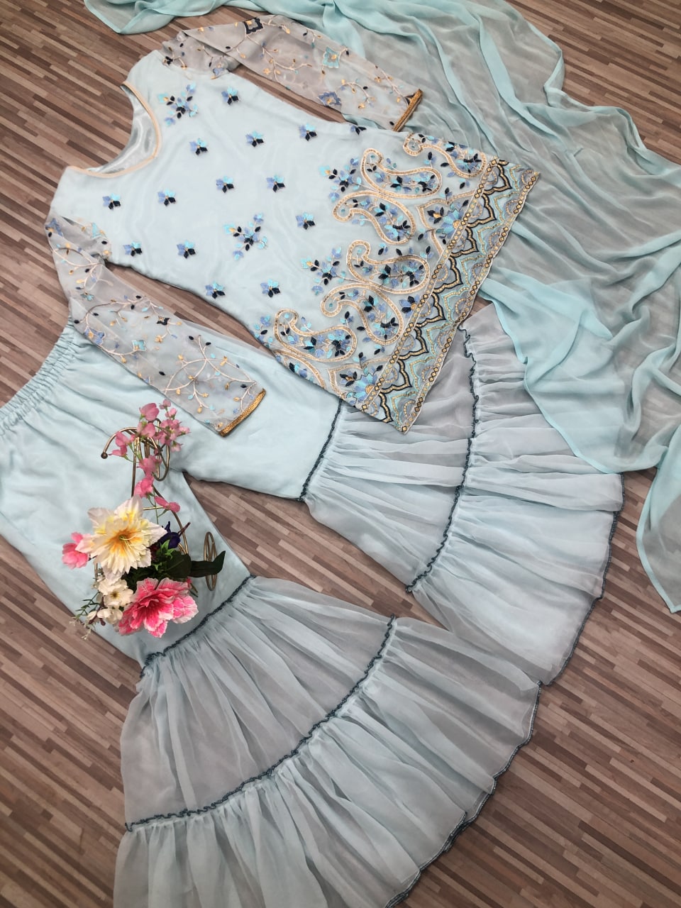 Sky Blue Sharara Suit Georgette Silk Embroidery Work