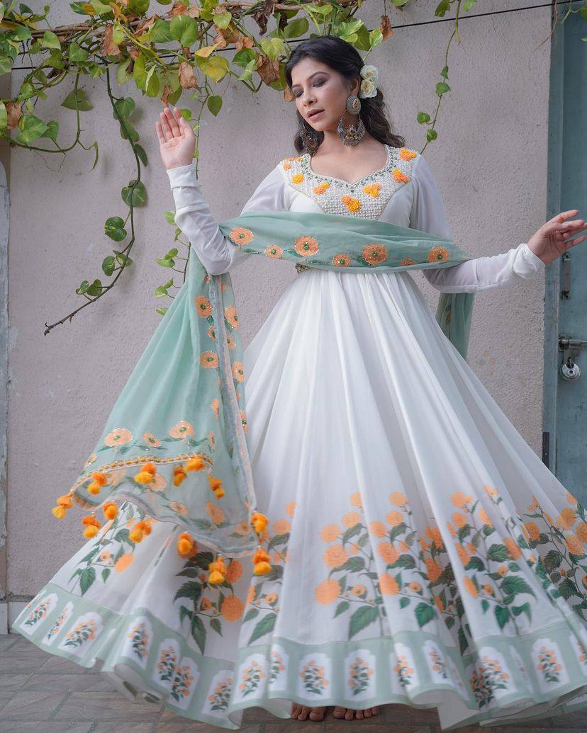 Buy White Anarkali Suit Tailored In Georgette With Multi Color Resham And  Abla Work All Over Online - Kalki Fashion