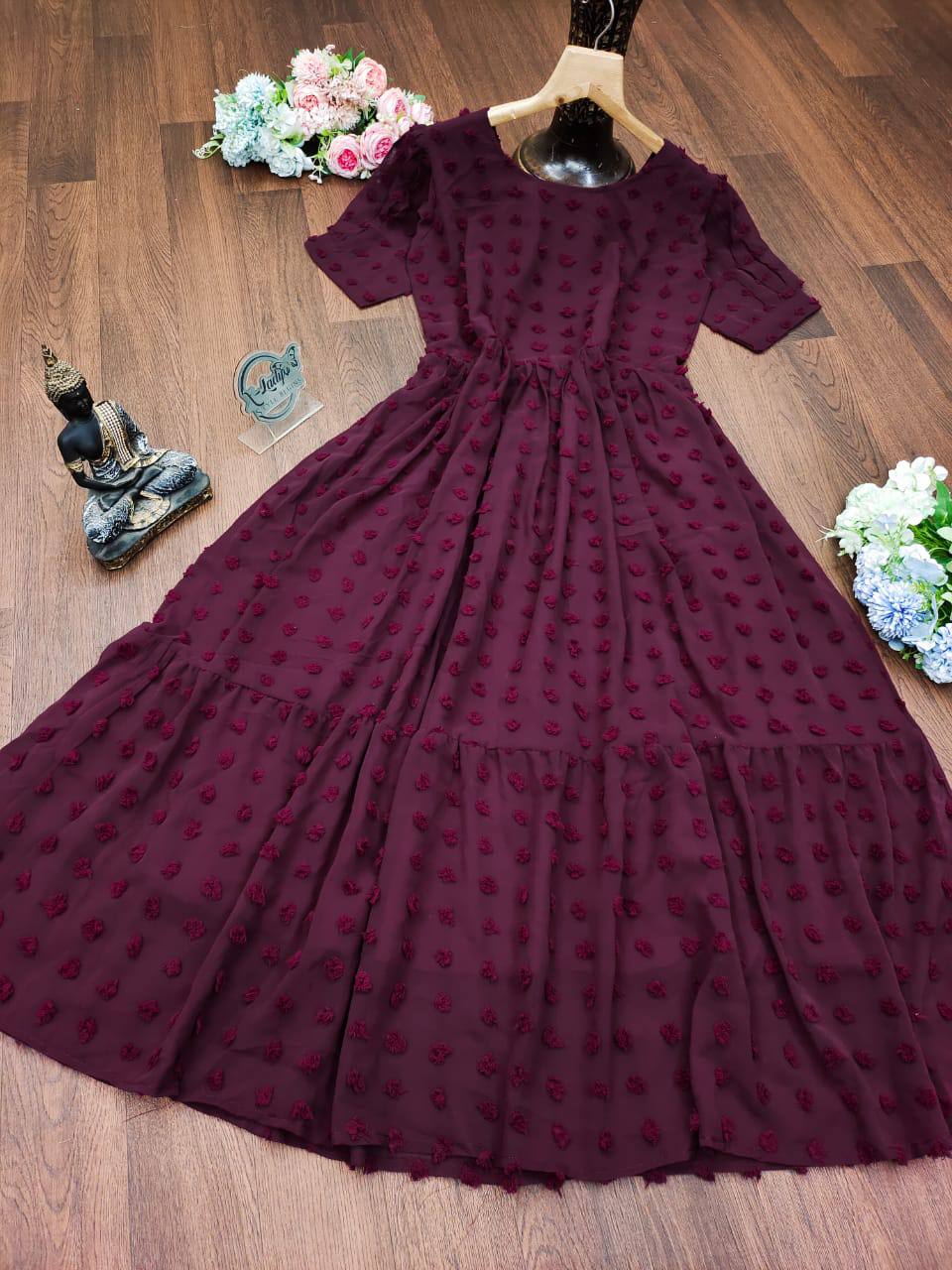 Wine Gown In Georgette Silk With Ruffles