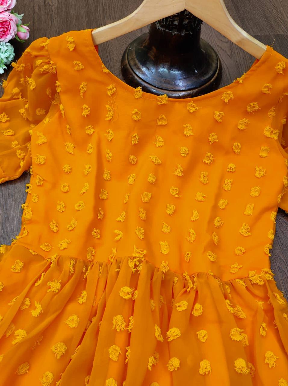 Mustard Yellow Gown In Georgette Silk With Ruffles