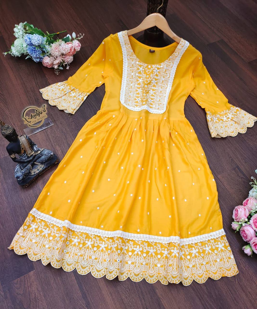 Yellow Top In Ryon Cotton With Embroidery Work