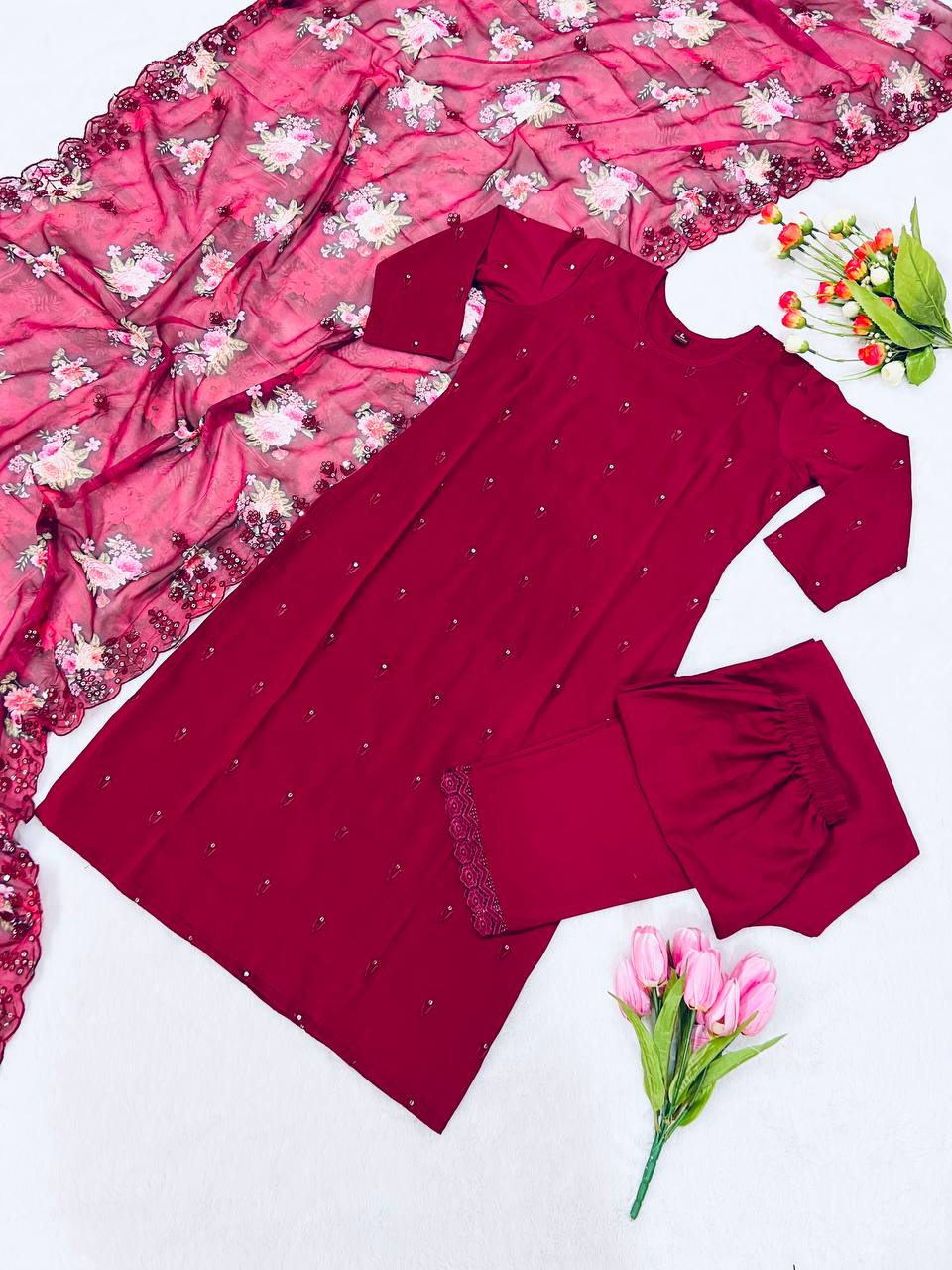 Maroon Salwar Suit In Soft Maska Cotton Silk With Embroidery Work