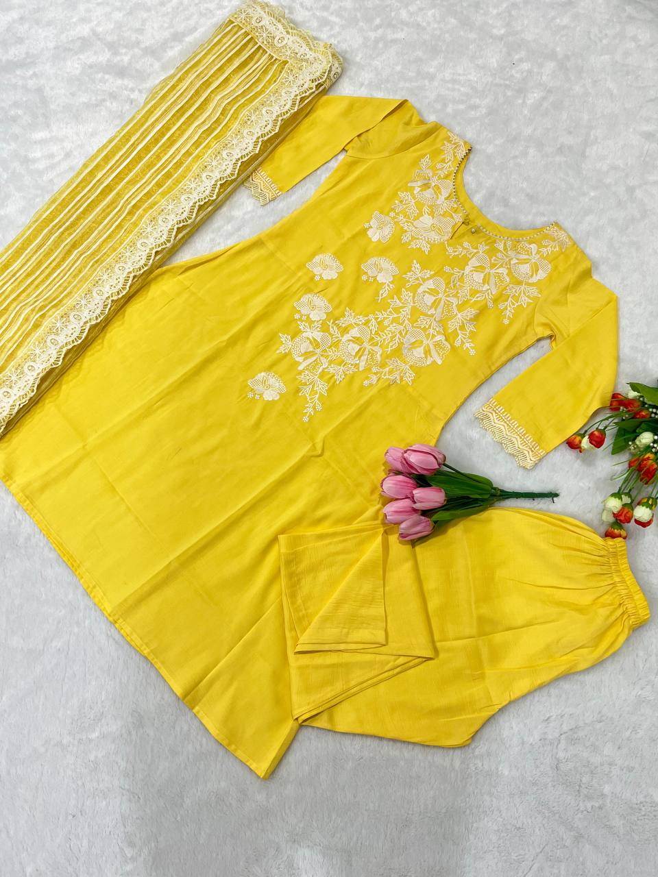 Yellow Salwar Suit In Soft Maska Cotton SilkWith  Embroidery Work