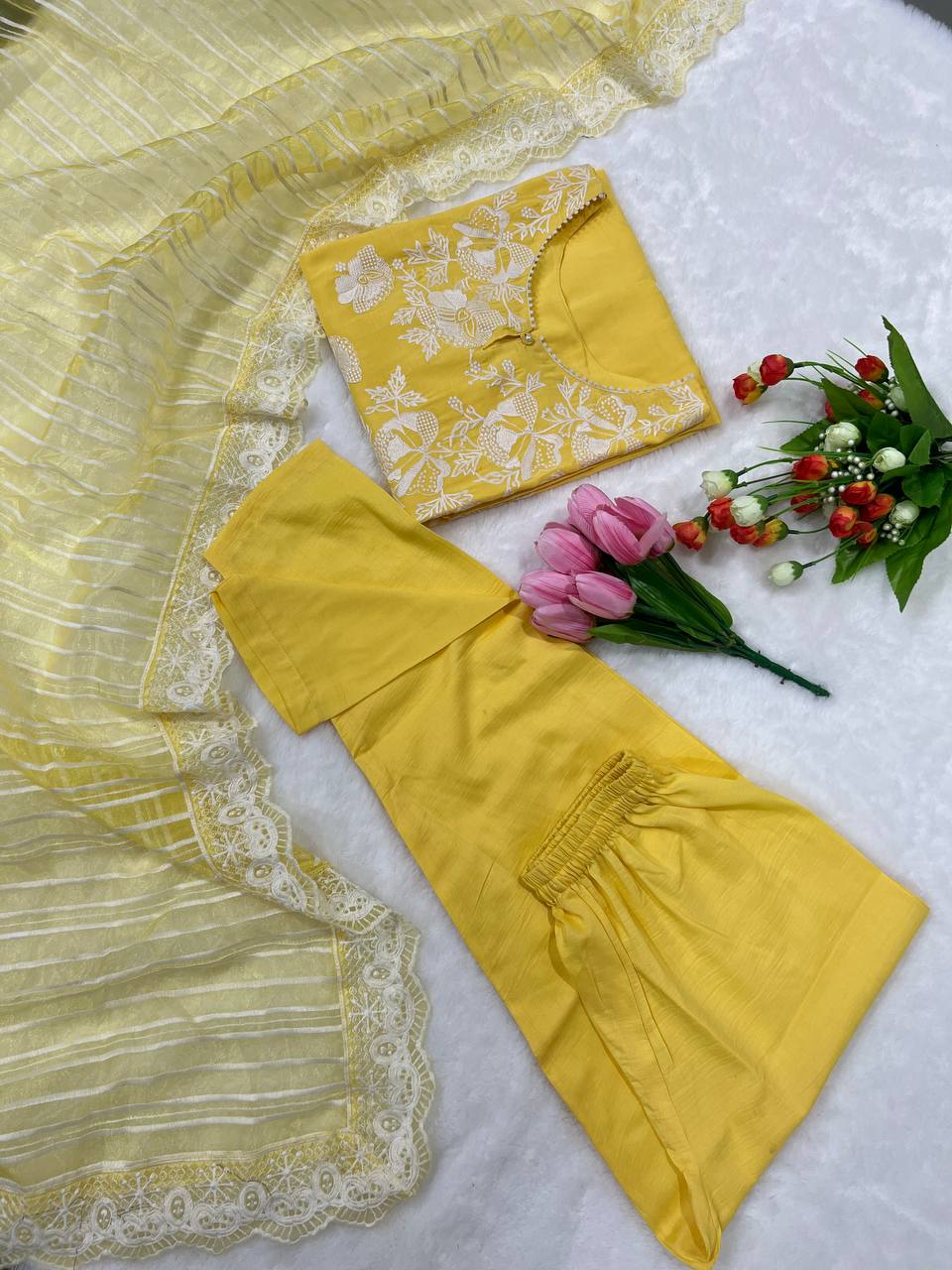 Yellow Salwar Suit In Soft Maska Cotton SilkWith  Embroidery Work