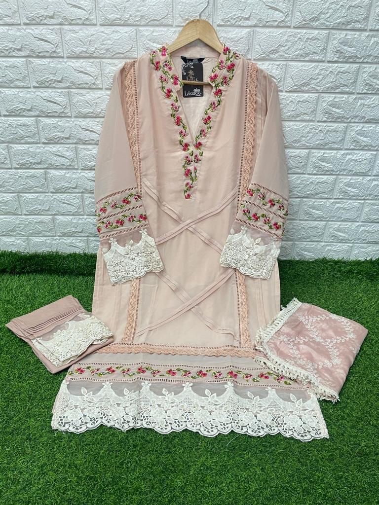 Peach Salwar Suit In Fox Georgette With Embroidery Work