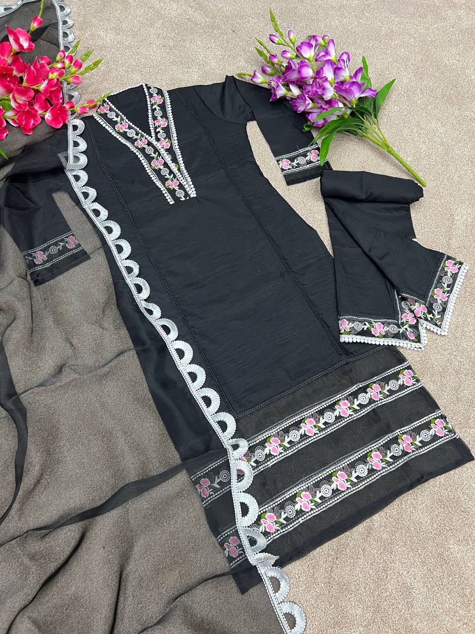 Black Salwar Suit In Soft Maska Cotton Silk With Embroidery Work
