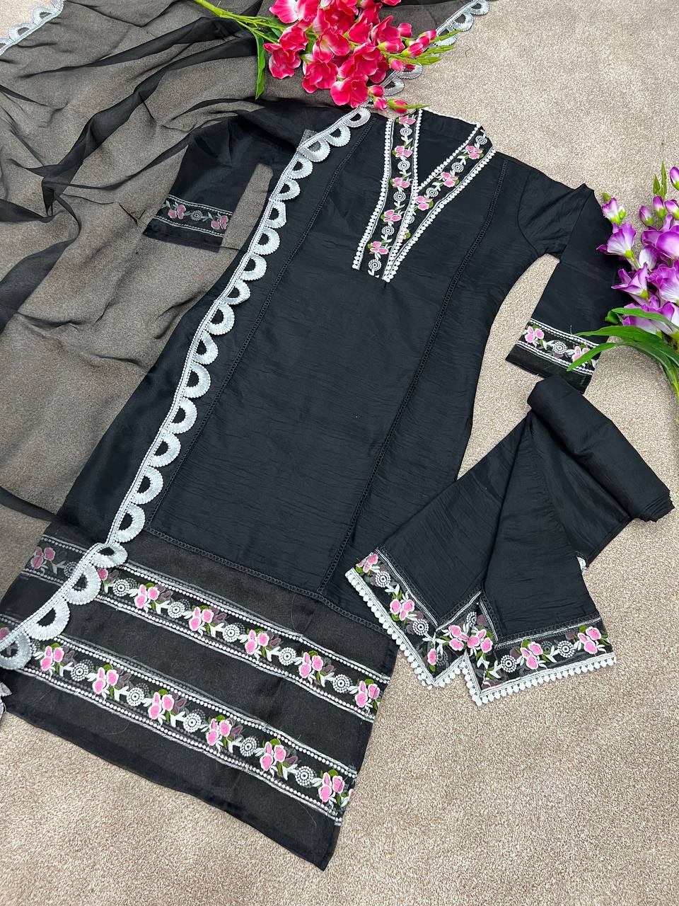 Black Salwar Suit In Soft Maska Cotton Silk With Embroidery Work