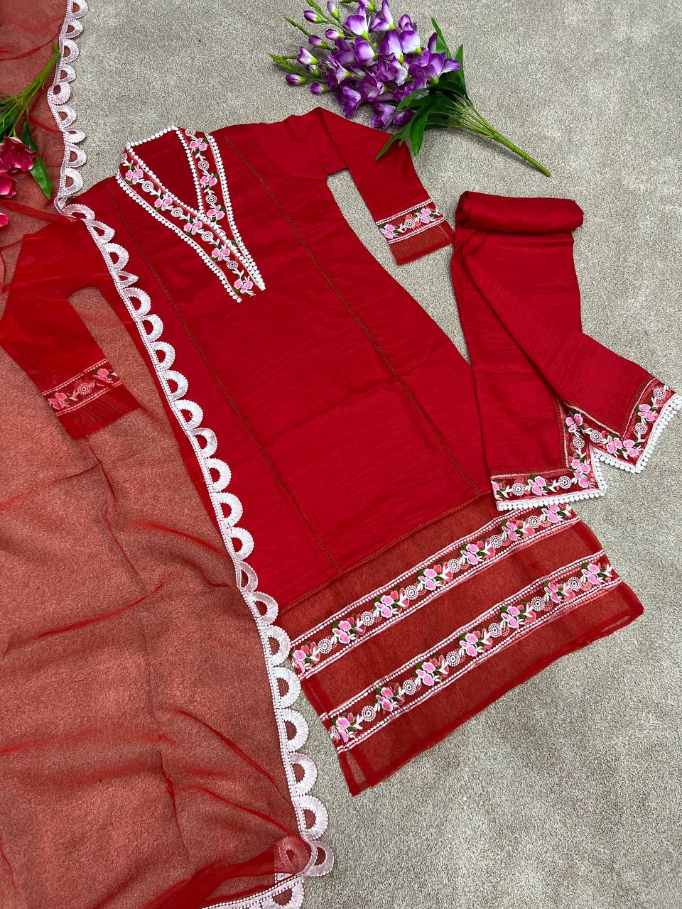 Red Salwar Suit In Soft Maska Cotton Silk With Embroidery Work