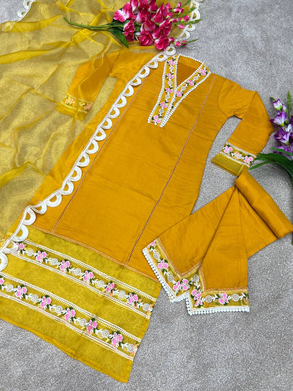 Mustard Yellow Salwar Suit In Soft Maska Cotton Silk With Embroidery Work