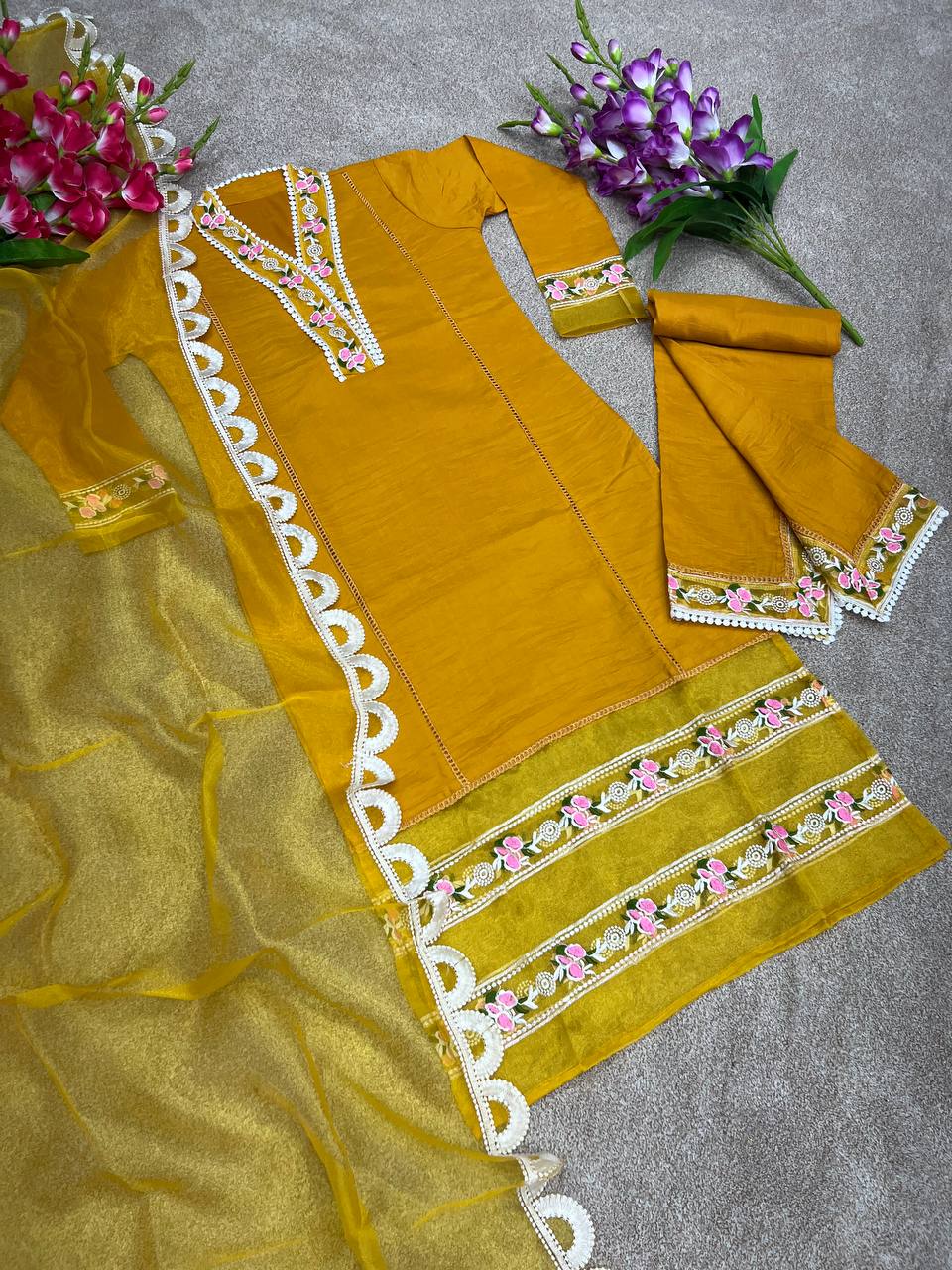 Mustard Yellow Salwar Suit In Soft Maska Cotton Silk With Embroidery Work