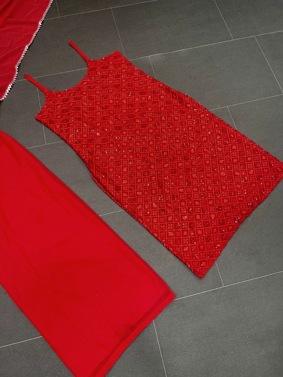 Red Palazzo Suit In Fox Georgette With Sequence Work